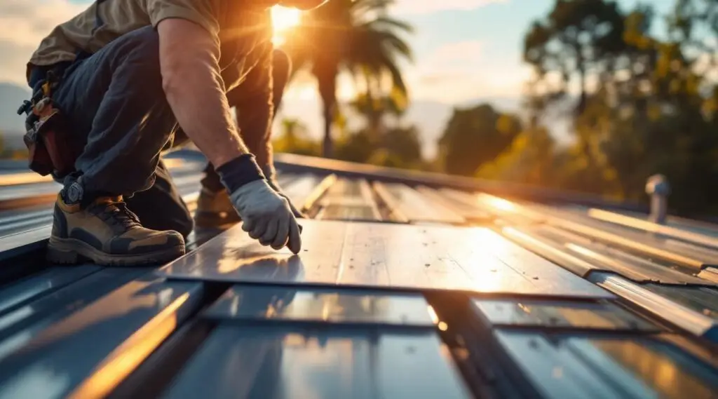 Roofing crew installing standing seam metal panels on an Anaheim commercial facility with cinematic morning light.