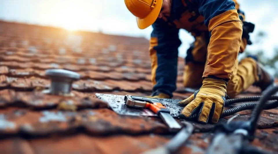 A professional roofing specialist carefully inspecting shingles and flashing on an Anaheim residential roof.