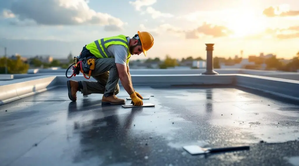 A professional roofing crew installing a black EPDM rubber membrane on a large flat commercial roof in Anaheim.