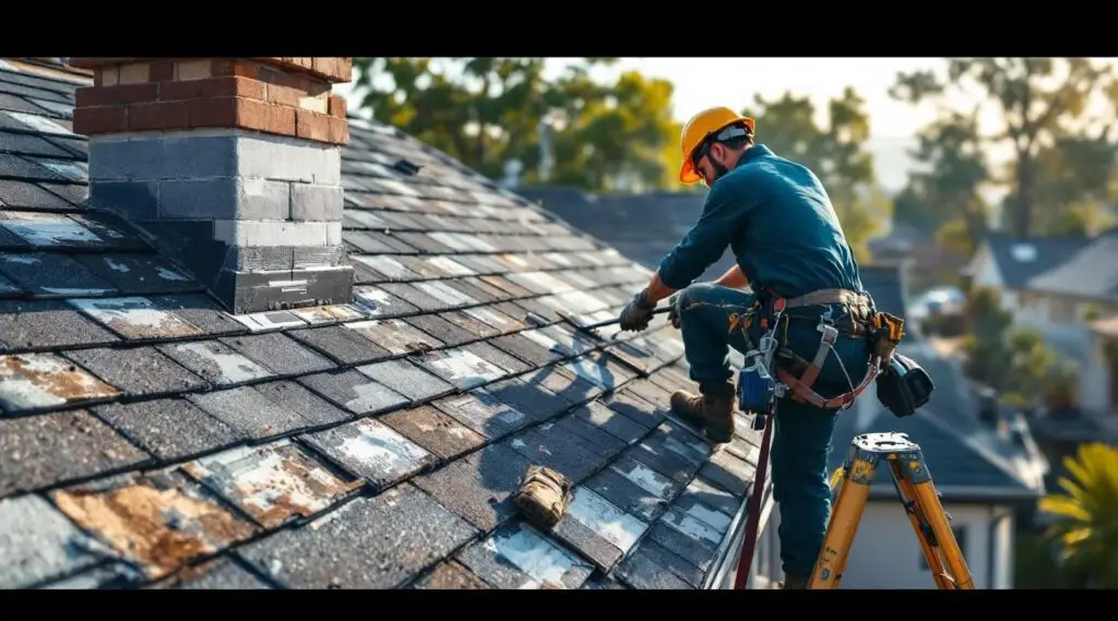 Professional roofing crew installing heavy-duty architectural shingles on an Anaheim commercial complex under bright California sun.