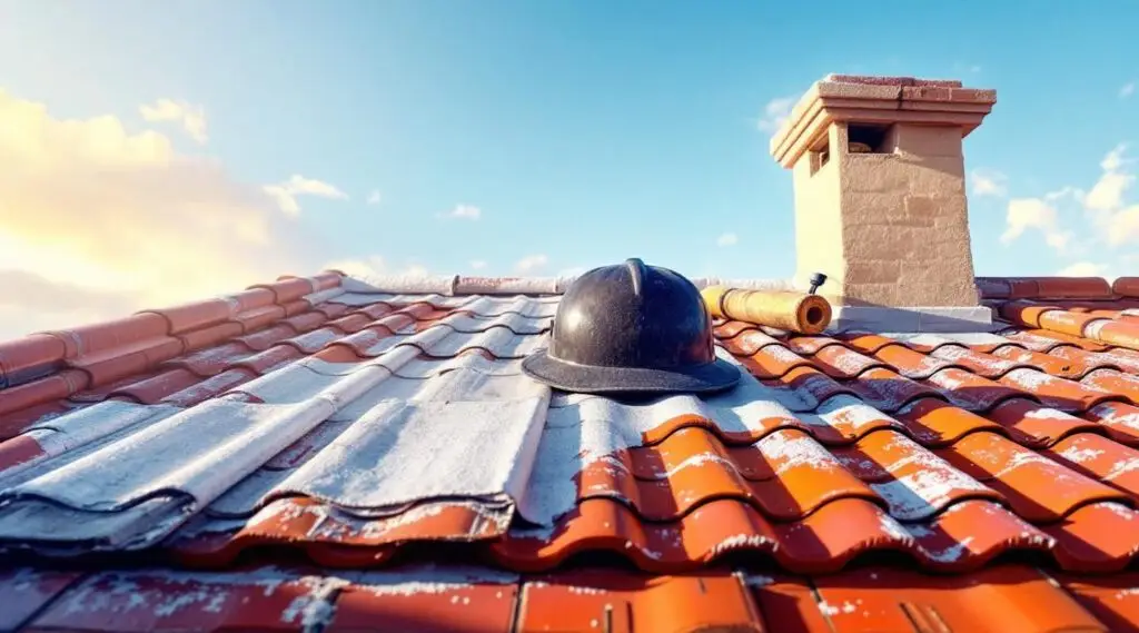 Professional roofing crew installing terracotta S-tiles on a large commercial building in Anaheim under a clear sunset sky.