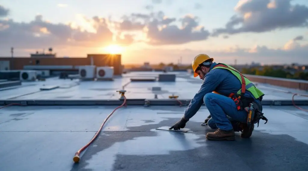 Professional roofing crew seam-welding a white TPO membrane on a large flat commercial roof in Anaheim during a clear day.