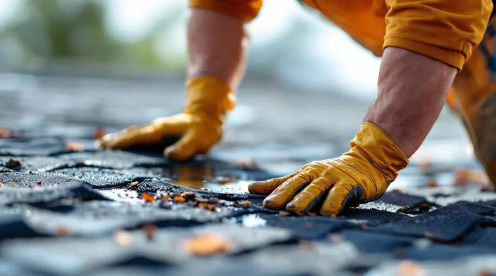 A professional roofing contractor securing a protective tarp over a leaking shingle roof in Anaheim during a storm.
