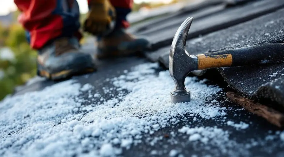 An experienced roofer inspecting damaged asphalt shingles on a home roof in Anaheim under the bright Southern California sun.