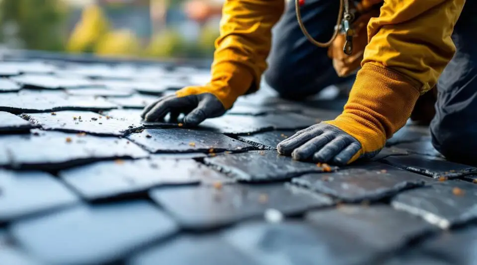 Professional roofing crew carefully installing natural slate tiles on a large-scale commercial property in Anaheim.