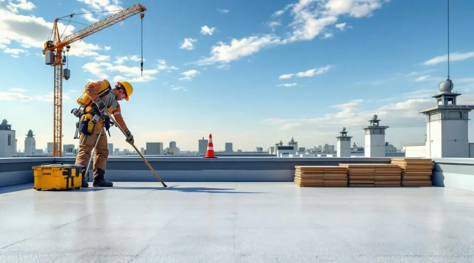 Professional roofing crew heat-welding white TPO membrane on a large commercial flat roof in Anaheim.