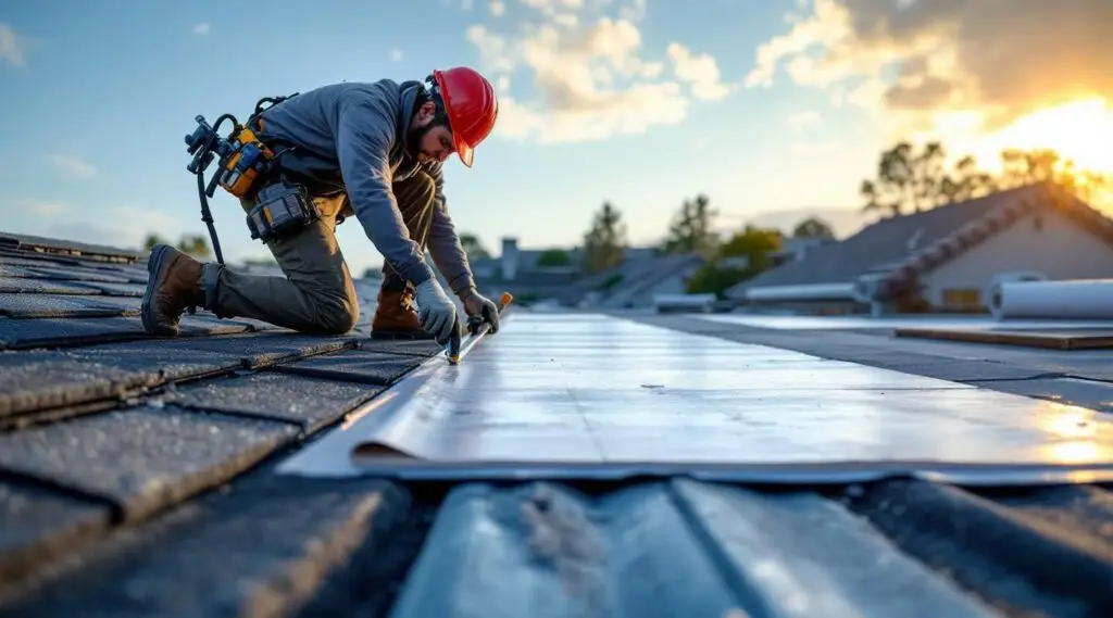 Professional roofing crew installing architectural shingles on a suburban Anaheim home under a clear sky.