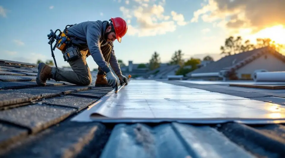 Professional roofing crew installing architectural shingles on a suburban Anaheim home under a clear sky.