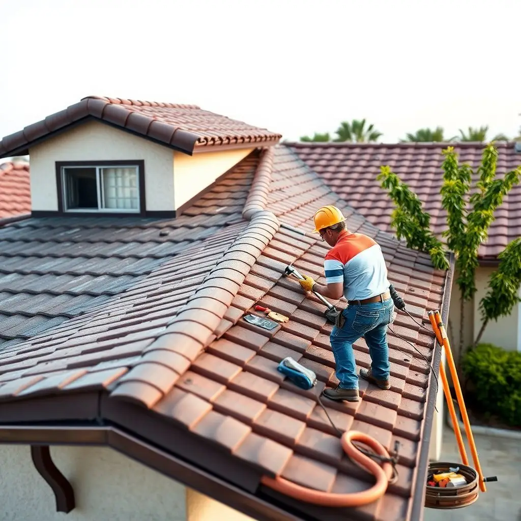 Professional roofing crew installing asphalt shingles on an Anaheim home under warm afternoon sun.