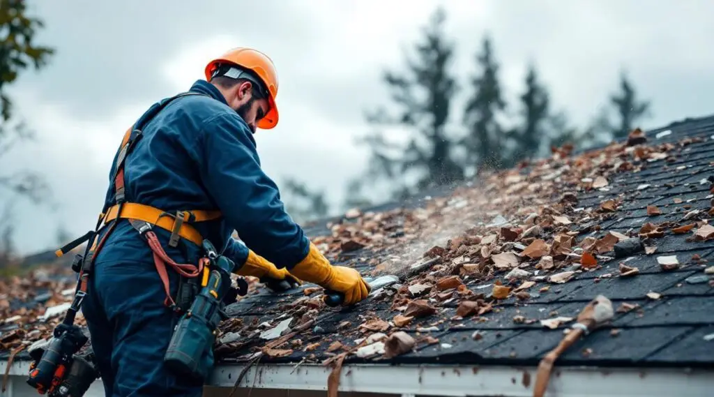 A roofing specialist in Anaheim carefully assessing hail impact on asphalt shingles during a post-storm inspection.