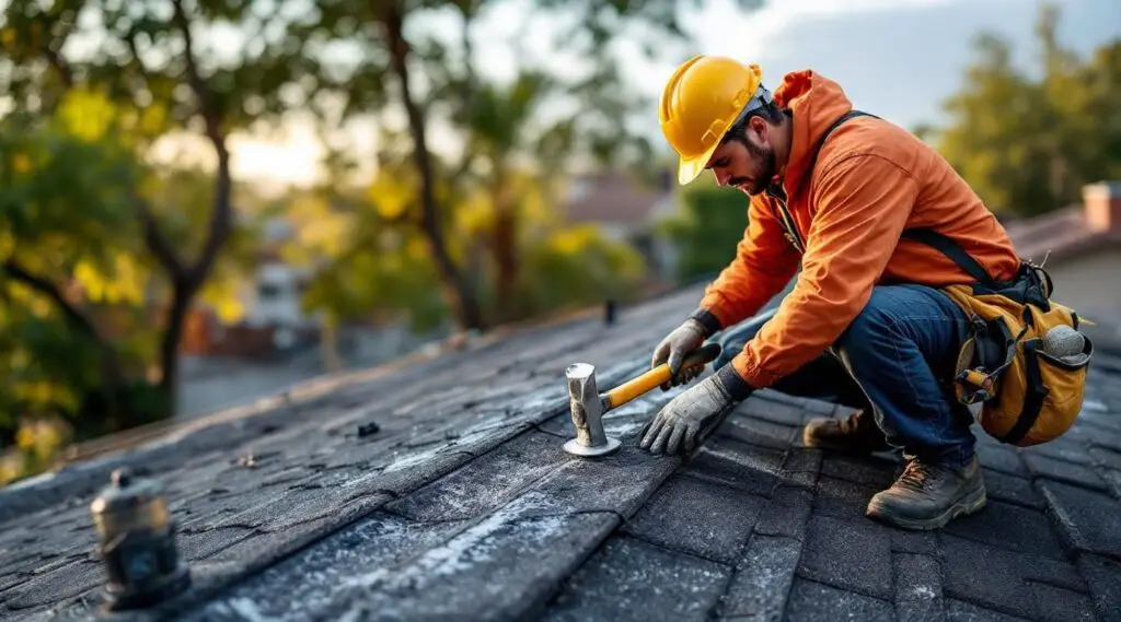 A professional roofer carefully replacing damaged asphalt shingles on a sunny Anaheim residential rooftop.