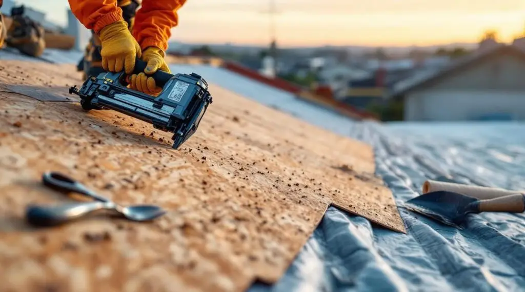 Professional roofing crew installing clean architectural shingles on an Anaheim home under a clear, sunny sky.