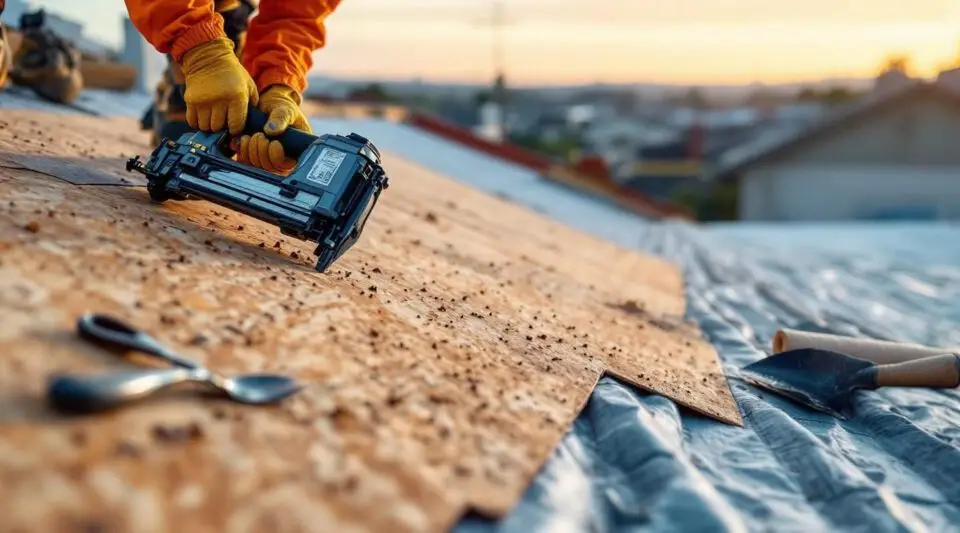 Professional roofing crew installing clean architectural shingles on an Anaheim home under a clear, sunny sky.
