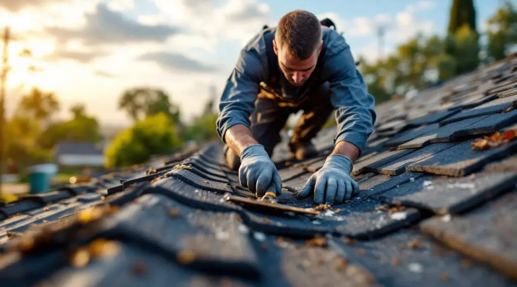 Professional roofing crew installing architectural asphalt shingles on a large commercial complex in Anaheim.