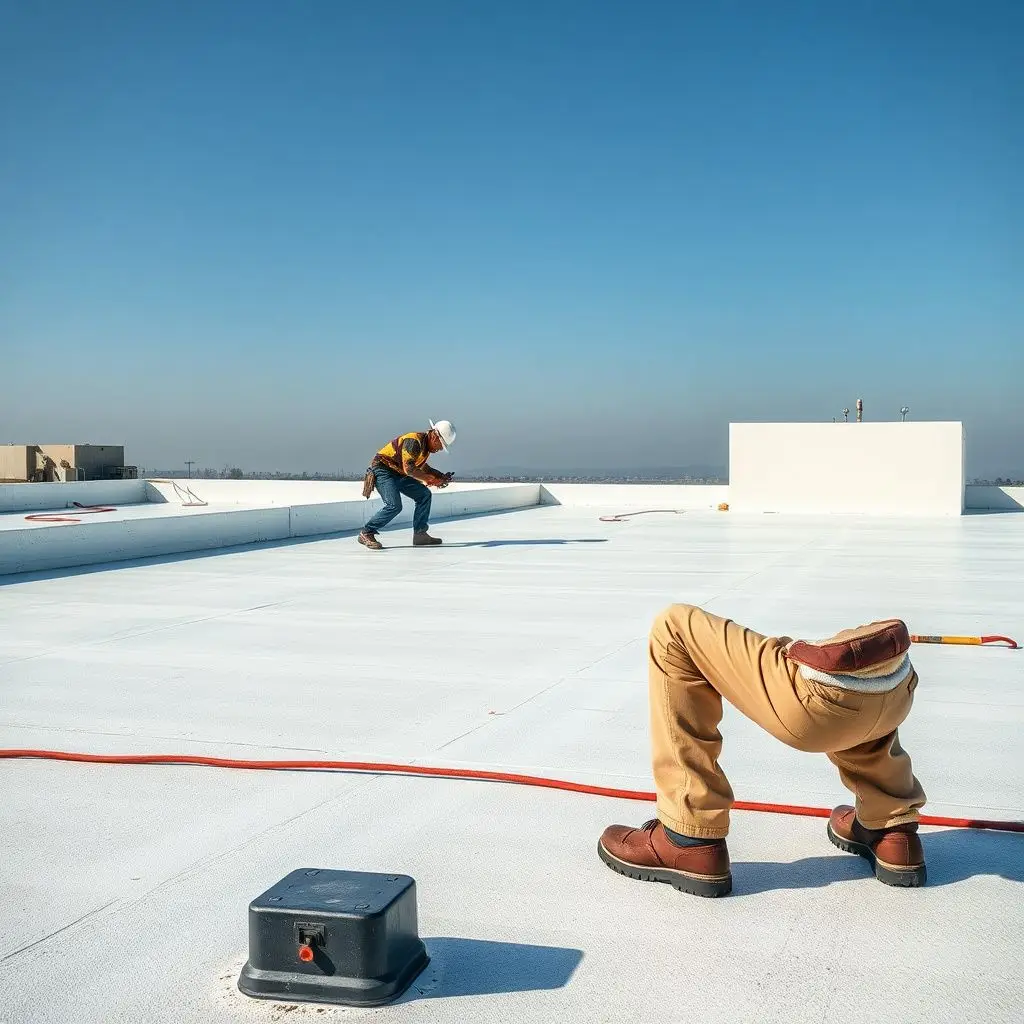 Professional roofing crew repairing a commercial TPO flat roof membrane on an industrial building in Anaheim.