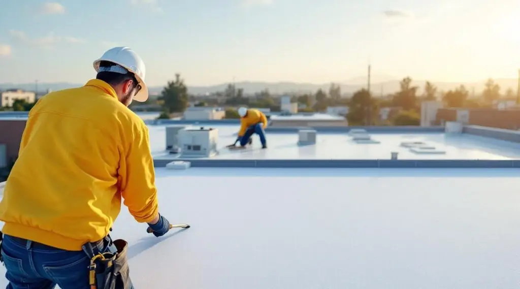 Professional roofing crew heat-welding white TPO membrane seams on a large Anaheim commercial facility.