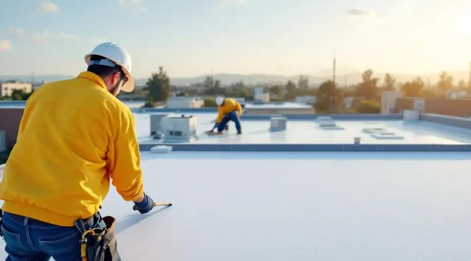 Professional roofing crew heat-welding white TPO membrane seams on a large Anaheim commercial facility.